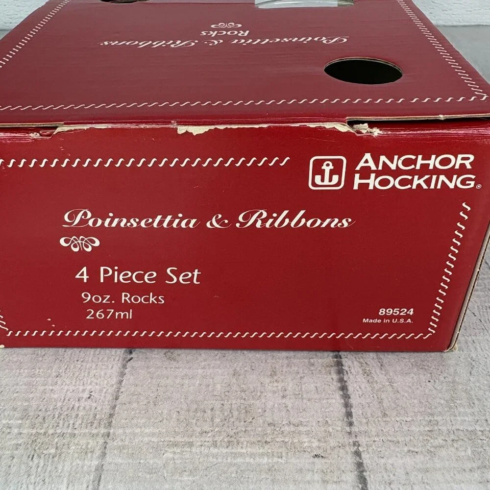 Anchor Hocking POINSETTIA & RIBBONS 89524 Rocks 9oz Whiskey Glasses Set 3 NEW